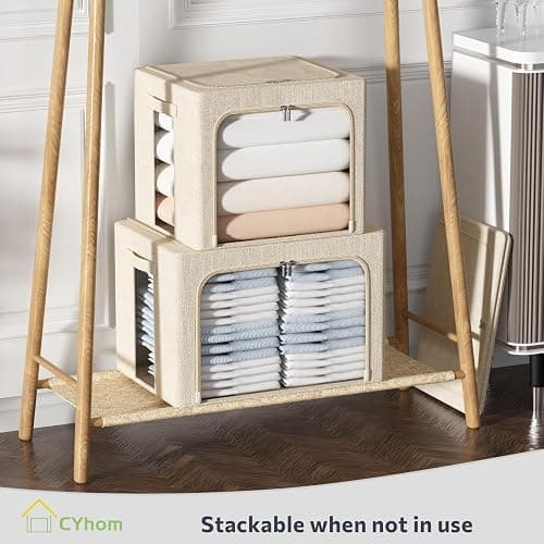 CYhom 3Pack Foldable Storage Bins - Frame Storage Box Linen Fabric Stackable Clothes Container Organizer with Clear Window & Carry Handles Large Capacity (Medium-36L, Beige) thumbnail 7