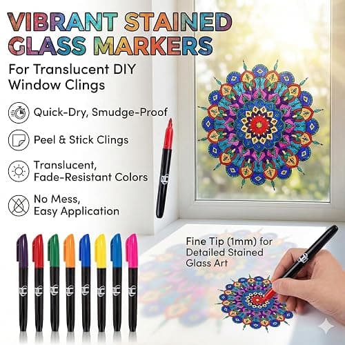 Hula Home Stained Glass Mandala Art Kit - DIY Window Clings with Markers, 10 Suncatchers - Perfect Hobby for Adults, Kids, Teens & Seniors - Ideal Gift for Beginners, Women & Elderly thumbnail 5