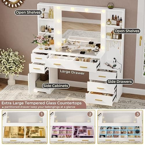 Hasuit 48.8'' Large Vanity Desk with Lighted Mirror & Power Outlet, White Makeup Vanity Table with 6 Drawers, 4 Shelves and 1 Storage Cabinet, Glass Tabletop Bedroom Dressing Table, 3 Lighting Modes thumbnail 3