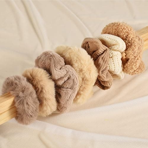 Yonchic 7-Piece Velvet Solid Elastic Hair Ties, Gentle Style Scrunchies for Women Long Thick Hair, No Damage Hair Scrunchies Rubber Bands Accessories (Khaki) thumbnail 3