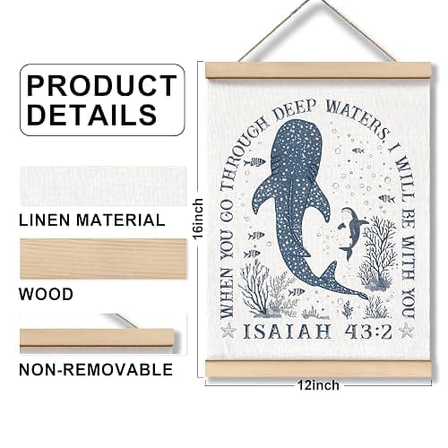 ZNGFON Trendy Whale Shark Christian Wall Decor, When You Go Through Deep Waters I Will Be With You Isaiah 43:2 Wall Art Poster with Wooden Frame, Blue Bible Verse Wall Hanging Home Decor, 12x16 Inch thumbnail 6