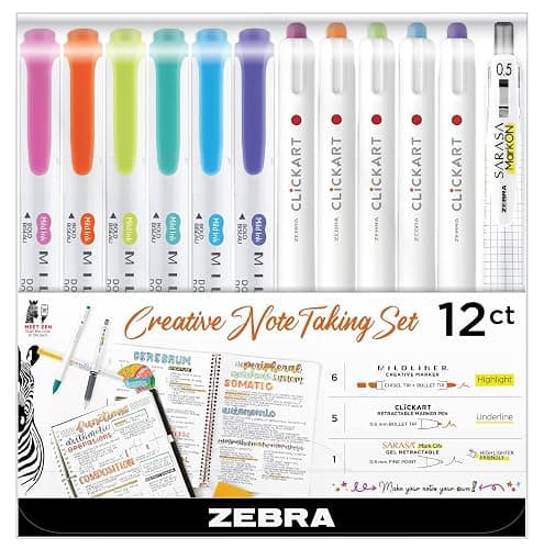 Zebra Pen Creative Notetaking Set 12-Pack, Includes 6 Highlighters, 5 CLiCKART Retractable Marker Pens, and 1 Sarasa Retractable Gel Pen, Assorted Ink Colors, Ideal For Note-Taking (12012) - Image 1
