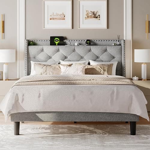 Feonase Queen Bed Frame with Luxury Wingback Upholstered Button Tufted Storage Headboard, Queen Platform Bed with Charging Station, Sturdy Wooden Slats Support, Noise-Free, Easy Assembly, Light Gray - Light Gray - Queen thumbnail 7