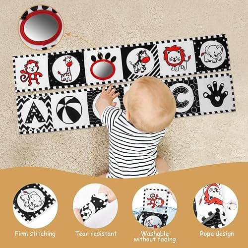 Vicloon Baby Soft Books,Black and White Baby Bath Cloth Book,High Contrast Foldable Soft Fabric Quiet Book,Touch and Feel Crinkle Cloth Books for Babies Infants Toddlers First Bookes thumbnail 3