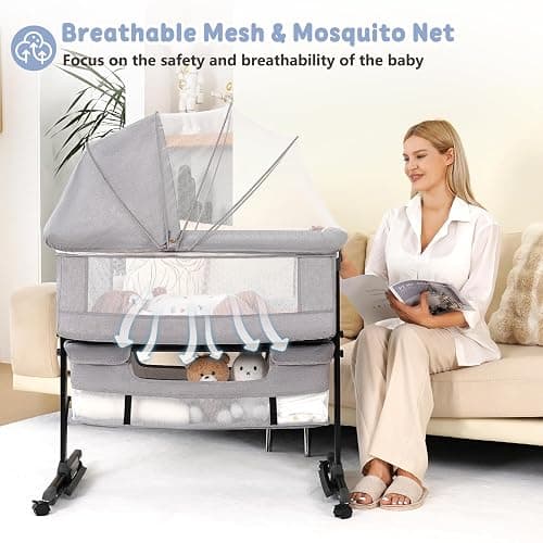 Semphis Baby Bassinet, 3 in 1 Bassinets Bedside Sleeper, Adjustable Height Bedside Sleeper with Rocking Mode, Breathable Mesh, Storage Basket, Wheels, Easy Assemble & Folding (Gray) thumbnail 6