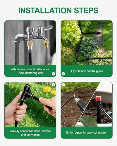 IRRIGARDENER Drip Irrigation System, Automatic Garden Watering System with 180FT 1/2” & 1/3” Tubing, Dual Faucet, Adjustable Nozzle Emitters for Garden, Greenhouse, Lawn, Potted Plants thumbnail 3