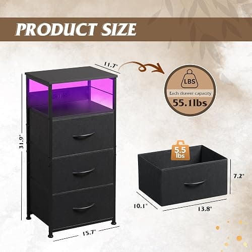 WLIVE LED Nightstand with Charging Station, Black Night Stand with 3 Fabric Drawers and Storage Shelf, Small Dresser for Small Space, 31.9" H Bedside Table with USB Ports and Outlets for Bedroom thumbnail 3