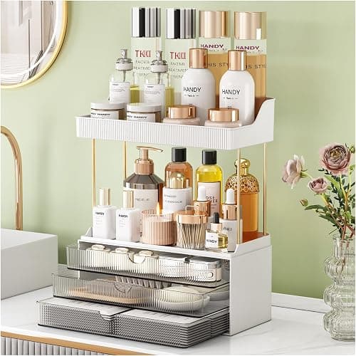 3 Drawers Bathroom Counter Organizer, 5 Tier Makeup Organizer, Versatile Perfume Organizer, Ideal for Bathroom Storage, Vanity, Large Skincare, Perfume, Present, Grey - Image 1