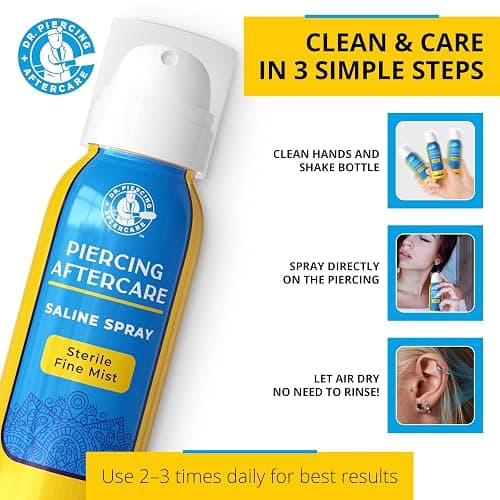 Dr. Piercing Aftercare Spray 8.0 oz Sterile Saline Solution - Gentle Mist Cleaner for Ear Nose and Body Piercings - Simple Two Ingredient Formula (2-pack) | saline pump spray that help clean piercings thumbnail 3