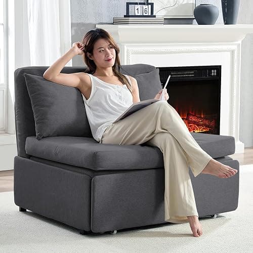 BALUS 43"W Twin Pull Out Sofa Bed Sleeper Couch with Pullout Beds, 2 in 1 Convertible Linen Sleepers Sofa Single Chair with Pillows and 3.9" Foldable Mattress for Small Space Apartment Loft, Dark Grey thumbnail 2