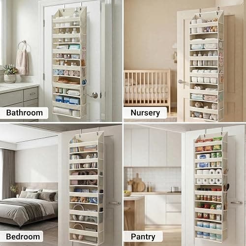 HOMELUX THEORY UPGRADED 6 Tiers Over The Door Organizer Hanging - 100D EXTRA THICK & 50lbs HUGE CAPACITY, 12 Side Mesh Pockets Over The Door Shoe Organizer, Hanging Closet Organizer (Ivory, 1pc) thumbnail 6