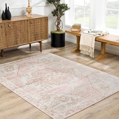 BoutiqueRugs Blush & Light Pink Collection Snead Bohemian Oriental Medallion Area Rug - Traditional Floral Carpet for Living Room, Bedroom - Blush, Pale Pink, Cream - 3'11" x 5'7" - 3'11" x 5'7" (Rectangular) - Pale Pink, Plum, Peach / Snead thumbnail 7