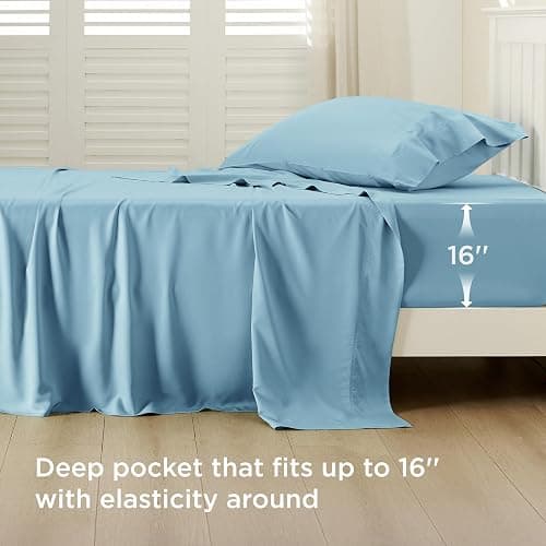Bedsure Cooling Sheets Twin XL, Rayon Derived from Bamboo, PureWoven, Breathable & Soft Twin XL Sheet Sets, Deep Pocket Up to 16 Inches, Hotel Luxury Silky Dorm Bedding for Hot Sleepers, Aqua thumbnail 3