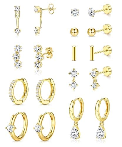 Hypoallergenic Stud Hoop Silver 14K Gold Plated Earrings Stacks - 9 Pairs Surgical Stainless Steel Earring Set for Sensitive Ears - Small Ear Piercing Flat Back Cartilage Earrings for Women Trendy Gifts thumbnail 7