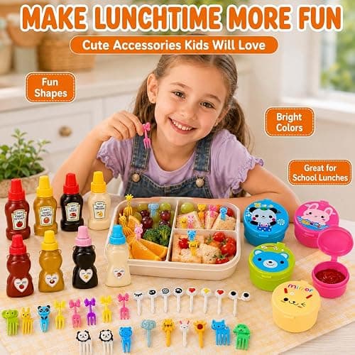 WXOIEOD 72 Pack Lunch Box Accessories, Including Mini Ketchup Bottle Bear Shaped Condiment Squeeze Bottles Small Sauce Containers Animal Food Picks for Travel Bento Box Picnic thumbnail 3