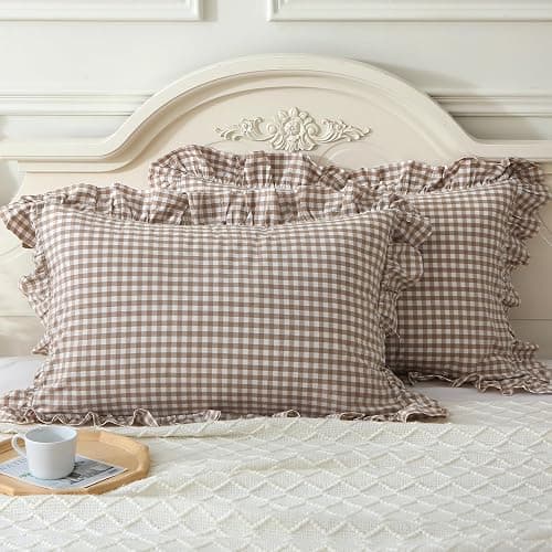 Mywinlle Taupe/White Plaid Ruffle Pillowcases Farmhouse Standard Size Pillow Shams 20"x26",Shabby Checkered Gingham Washed Cotton Pillow Covers Set of 2 thumbnail 3