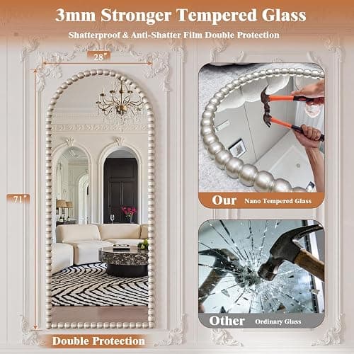 FlyEcho Antique Silver Full Length Mirror 71x28 in, Beaded Standing Mirror | Vintage Arched Large Floor Mirror with Stand Wall Mounted Mirror Decorative for Bedroom Living Room Cloakroom, PU Frame thumbnail 8