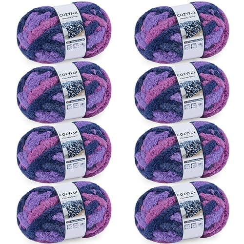 Cozyful Chunky Yarn for Hand Knitting - #10 Chunky Chenille Blanket Yarn, Jumbo Big Thick Chunky Yarns for Crocheting, Tie Dye Bulky Knit Yarns, 8 Skein (25 yds 8 oz Each Skein), Multi Purple - Image 1