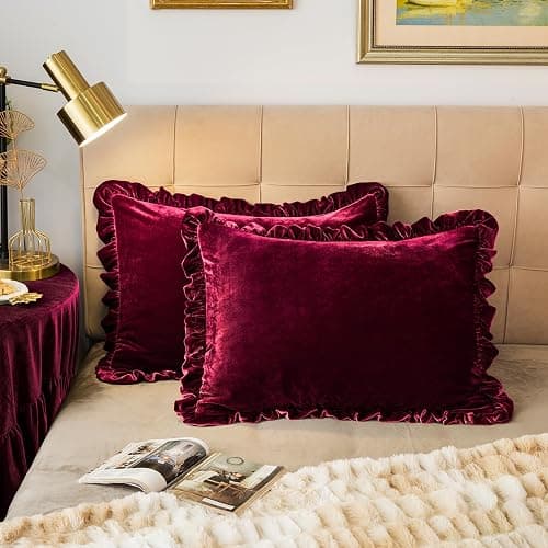 GLORY SEASON Velvet Pillow Shams Set of 2 Retro Ruffle Flounces Trim Soft Decorative Luxurious Solid Amaranth Farmhouse Vintage Pillow Cases for Bedroom Decor Standard 20x26 Inch - Image 1