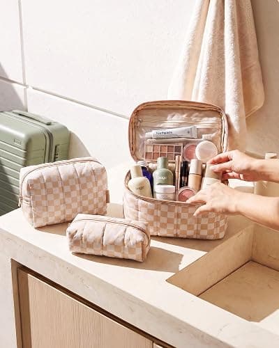 BAGSMART Travel Makeup Bag for Women, 3 Pcs Puffy Padded Cosmetic Organizer Bag, Large Toiletry Case and Small Purse Pouch for Gym, Work, Girls (Tan Brown) thumbnail 2