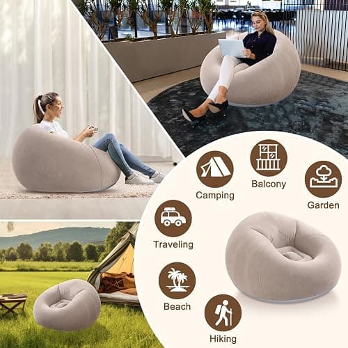 Realspring Inflatable Bean Bag Chairs for Adult Blow up Chairs Lazy Sofa Folding Portable Inflatable Chair for Movie Outdoor Room Bedroom Reading Camping(Coffee) thumbnail 4