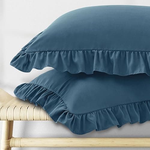 KKJIAF Ruffle Pillow Cases Standard Size Set of 2, Ruffled Pillow Covers with Envelope Closure, Wrinkle Resistant Ruffled Pillow Shams 20" x 26", Dark Blue - Image 1