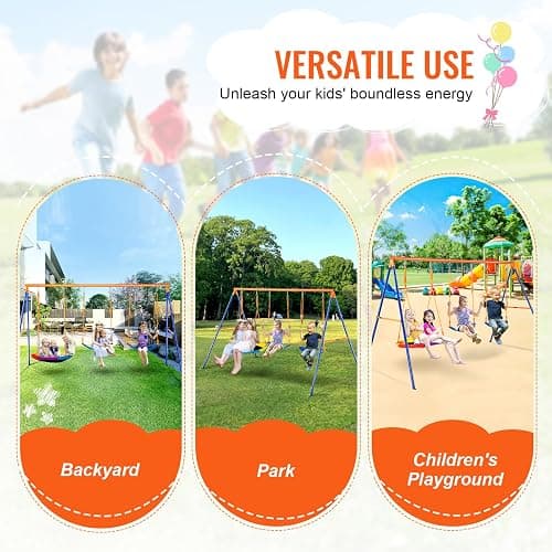 VEVOR Swing Sets for Backyard, with 1 Saucer Swing Seat, 2 Belt Swing Seats, 600lbs Load Capacity Swing Set, Heavy Duty A-Frame Metal Swing Stand and Adjustable Rope, Swingset Outdoor for Kids thumbnail 8