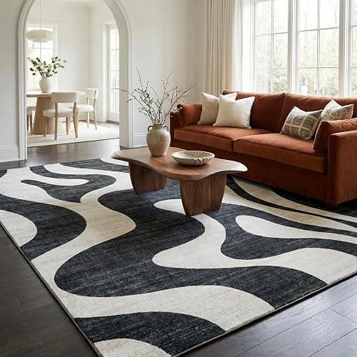 Rug Branch Elliot 7' x 10' (6'7" x 9'6") Black/White Abstract Wave Area Rug, Contemporary, Medium Pile, Stain-Resistant Carpet - Living Room, Bedroom, Dining Room, and Kitchen - Image 1