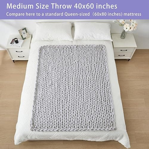 Bigacogo Chunky Knit Throw Blanket for Couch, 40x60 inches, 100% Hand Knitted with Thick Jumbo Chenille Yarn, Cozy Soft Large Rope Knot Cable Crochet Blankets for Sofa Bed Living Room, Light Grey thumbnail 5