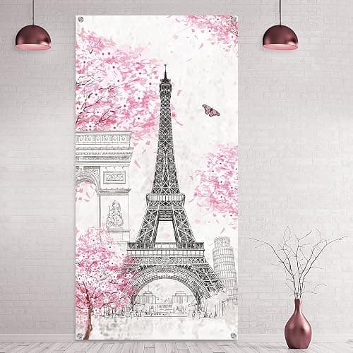 Tatuo Paris Eiffel Tower Backdrop Pink Eiffel Tower Background Banner 70.9 x 35.4 Inch Paris Pink Tree Wall Hanging Decor for Girls Bedroom Living Room Photograph Party Decoration - Image 1