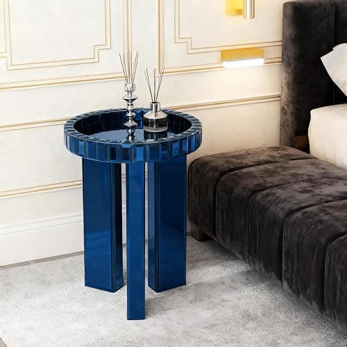 SHYFOY Blue Mirrored End Table, 23" H Round Glass Side Table with Three Legs, Modern Accent Table for Living Room, Bedroom, or Entryway thumbnail 8