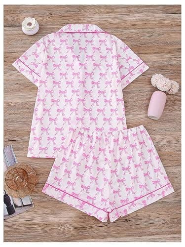 RoseSeek Women's Bow Pajamas Sets Short Sleeve Button Down Pajamas Y2k Preppy Cute PJ Set Sleepwear thumbnail 2