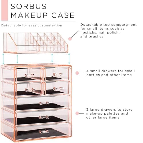 Sorbus Clear Cosmetic Makeup Organizer - Make Up & Jewelry Storage, Case & Display - Spacious Design - Great Holder for Dresser, Bathroom, Vanity & Countertop (3 Large, 4 Small Drawers) [Pink] thumbnail 4