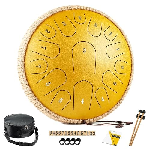 HOPWELL Steel Tongue Drum - 13 Inches 15 Notes Tongue Drum - Hand Pan Drum with Music Book, Drums Mallets and Carry Bag, D Major (Yellow) - Image 1