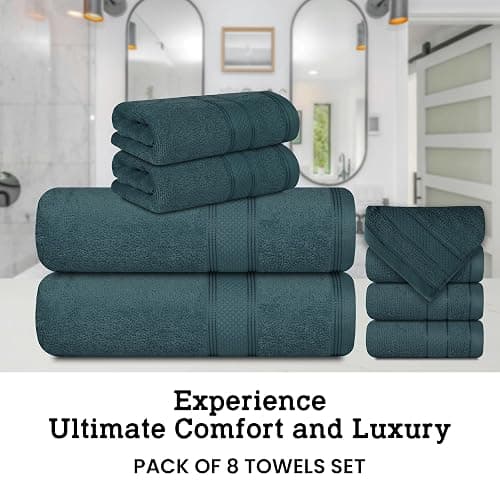 Casa Lino Bath Towel Set of 8 (2 Bath Towels, 4 Wash Cloths & 2 Hand Towels for Bathroom) - 100% Cotton - Highly Absorbent & Quick Dry - Guest Room Essentials for Bathroom Set - (Teal) thumbnail 3