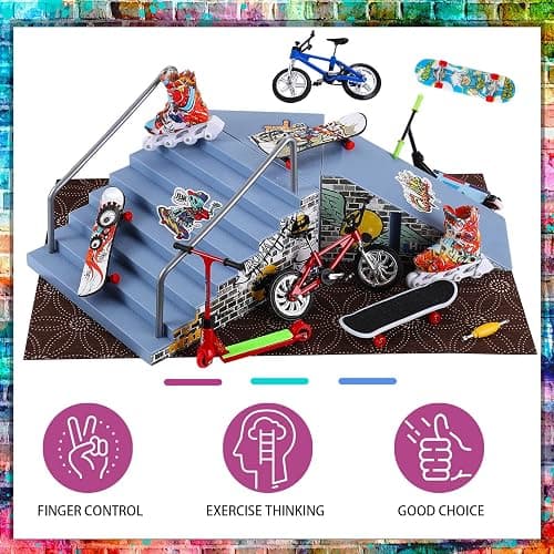 Civaner Fingerboard Skatepark Set 24 Pcs Mini Finger Toy with Finger Skateboards Ramp, Finger Bikes, Finger Scooter, Finger Skates for Skate Lovers Gift thumbnail 5