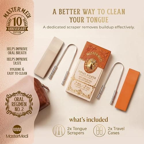 MasterMedi Tongue Scraper for Adults with Multicolor Travel Cases (2 Pack), 100% Stainless Steel, Reduce Bad Breath, Tongue Scrubber, Easy to Use, Tongue Cleaner for Oral Care & Hygiene thumbnail 4