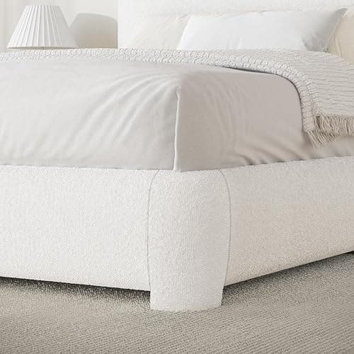 Full Size Bed Frame, Boucle Upholstered Platform Bed Frame with Headboard, Modern Style, Soft Rounded Corners, No Box Spring Required, Easy Assembly, White thumbnail 5