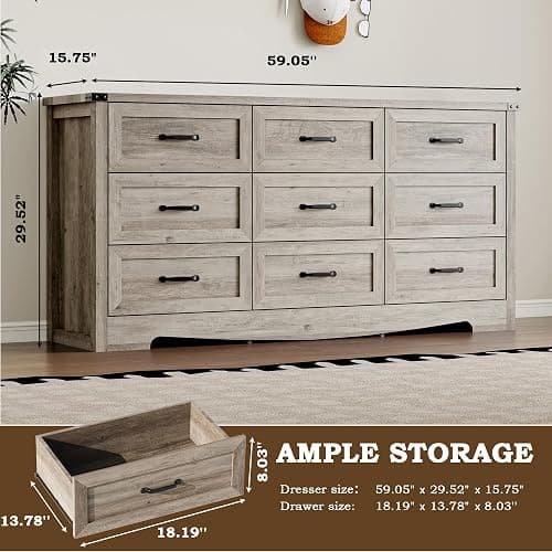 BORNOON 9-Drawer Dresser for Bedroom, Modern Wooden Chest of Drawers with Metal Handles, Anti-Tipping Design, Sturdy and Stable Storage Organizer for Living Room, Entryway, Home Office thumbnail 2