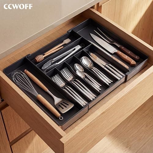 Silverware Drawer Organizer, 9 Slots Expandable Kitchen Drawer Organizer | Extra Large Utensil Holder & Cutlery Tray, Heavy Duty Stainless Steel Frame Flatware Organizer, Non-Slip Feet Included, Black thumbnail 8