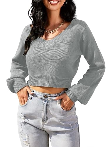 ZAFUL Women's Cropped Sweater V-Neck Long Sleeve Crop Sweater Pullover Jumper Knit Top - 1-gray - Medium thumbnail 5
