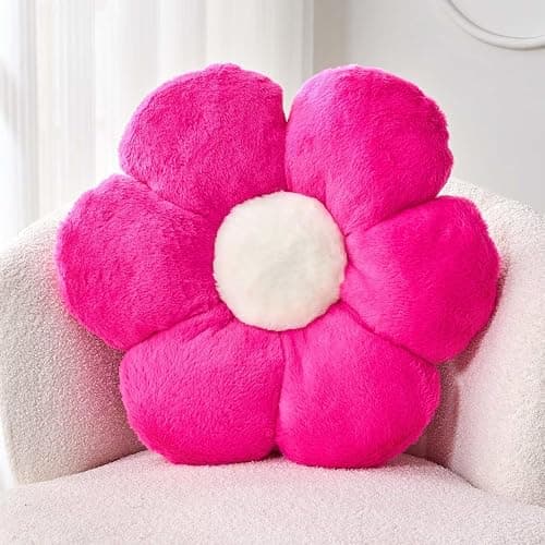 Kcvvcr Hot Pink Flower Pillow, Cute Decorative Flower Shaped Throw Pillow with Faux Rabbit Fur, 14.9" Soft Flower Plush Throw Pillow Floor Pillows Room Décor for Bedroom Living Room - Image 1