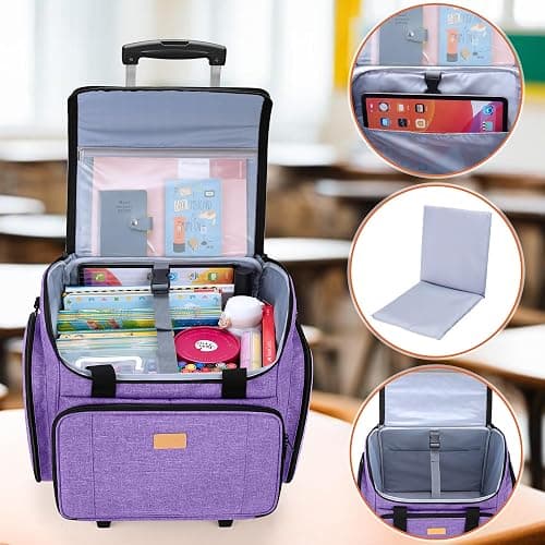 LUXJA Rolling Teacher Bag with Multiple Pockets and Bottom Support Pad, Multifunctional Teacher Tote Bag with Detachable Dolly (Patent Design), Purple thumbnail 4
