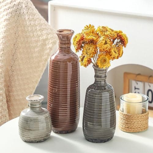 Ceramic Vases Set of 3, Neutral Rustic Farmhouse Vases Home Decor Decorative Flower Vase Modern Boho Pampass Vase for Table Mantel Entryway Shelf Living Room Kitchen Bathroom - Brown thumbnail 8