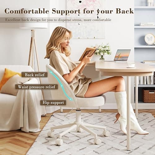 EnHomee Vanity Chair with Wheels, Small Office Chair with Back, Cute Armless Desk Chair for Makeup Room, Home Office,Bedroom, White thumbnail 5