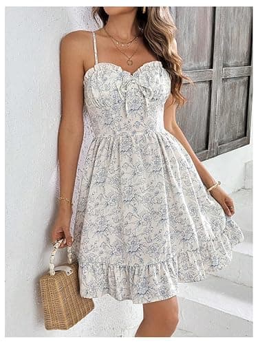 MakeMeChic Women's Floral Print Short Cami Dress Shirred Spaghetti Strap Frill Trim Boho Dresses - X-Small - White thumbnail 5