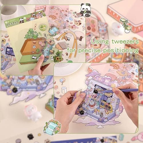 Girls 3D Miniature Scene Stickers, 4 Sets Storage Box DIY House Stickers for Dessert House,Tea Room,Painting Studio,Game Park,Cute 3D Cartoon Sticker Scenes for Adult Kids Relief Stress Pass The Time thumbnail 5
