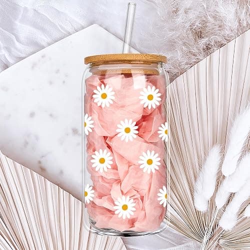 Cute Glass Cups with Lids and Straws, Daisy Design Iced Coffee Smoothie Matcha Cup, Aesthetic Mug Tumbler, Flower Drinking Glasses, Birthday Gifts for Women Coffee Lover Preppy Teen Girl Trendy Stuff thumbnail 7