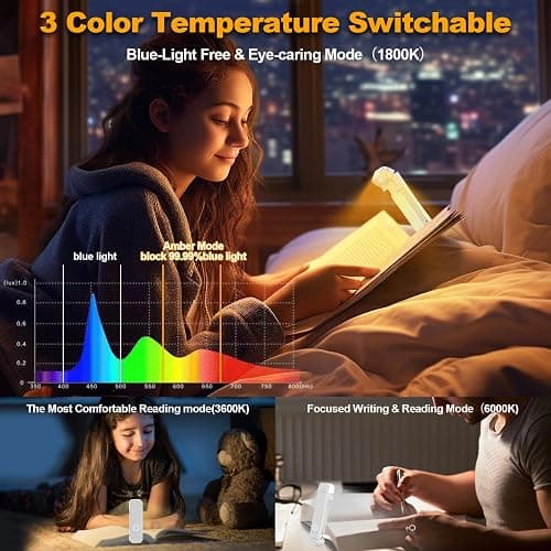 HIONXMGA Book Reading Light,Silent Touch Books Lamp for Reading in Bed,Rechargeable Clip on Booklight with 3 Amber Colors & 7 LEDs Precise Dimming for Eye Caring Night Reading,Book Lovers,Kids,White thumbnail 2