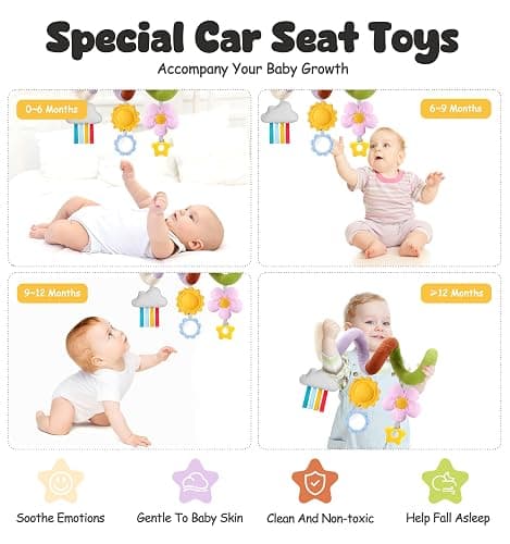 Stuffed Christmas Spiral Baby Car Seat Toys, Best Newborn Shower Gifts, Soft Infant Essentials Must Have Hanging Toys (Vibrant Nature) thumbnail 6